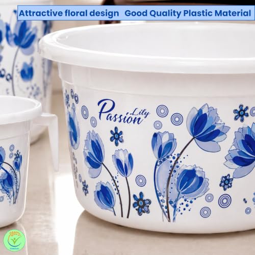 Image of Heavy Duty Virgin Plastic Large Capacity 16 L Bucket, 5 L Bucket, Patla, Deep Tub, Dustbin, 1.5 L Mug, 1 L Mug, Soap Case, Dustpan, Tooth Brush Stand Bathroom Set (White Blue, Queen)