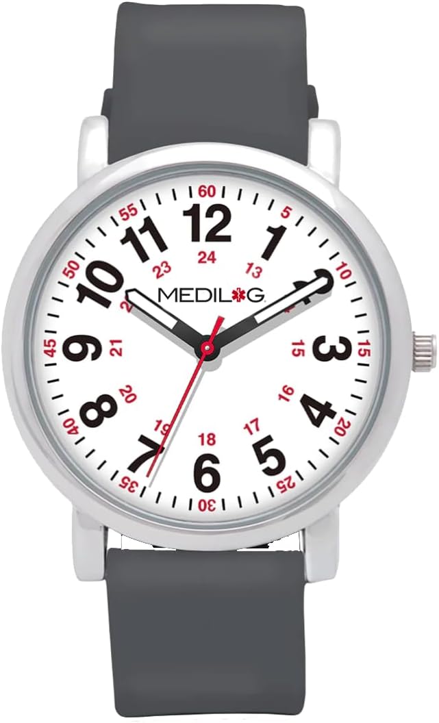 Medilog (メディログ) スクラブウォッチ 看護師、医療専門家、学生向け – さまざまな医療スクラブカラー、読みやすい文字盤、秒針付きミリタリータイム、シリコンバンド、防水, グレー  Amazonで販売中