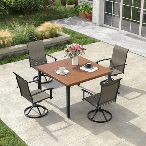 Image of VICLLAX Square Patio Dining Table for 4, Outdoor Patio Table with Umbrella Hole for Garden Lawn Deck Backyard, Walnut Tabletop