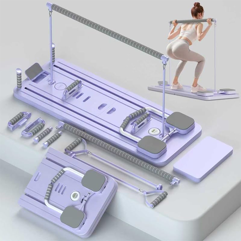 Kit de barra de pilates portátil con bandas de resistencia, plataforma de ejercicio morado, barra de altura ajustable, sistema de entrenamiento de
