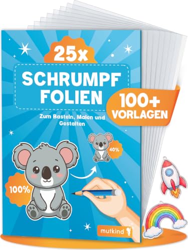 Mutkind 25x Schrumpffolie Set [Mit 100+ Vorlagen zum Download] - Matt Transparent - Schrumpfpapier zum Basteln - Shrinking Paper Set - Shrink Plastic Sheets A5 - Geschenk Mädchen und Junge