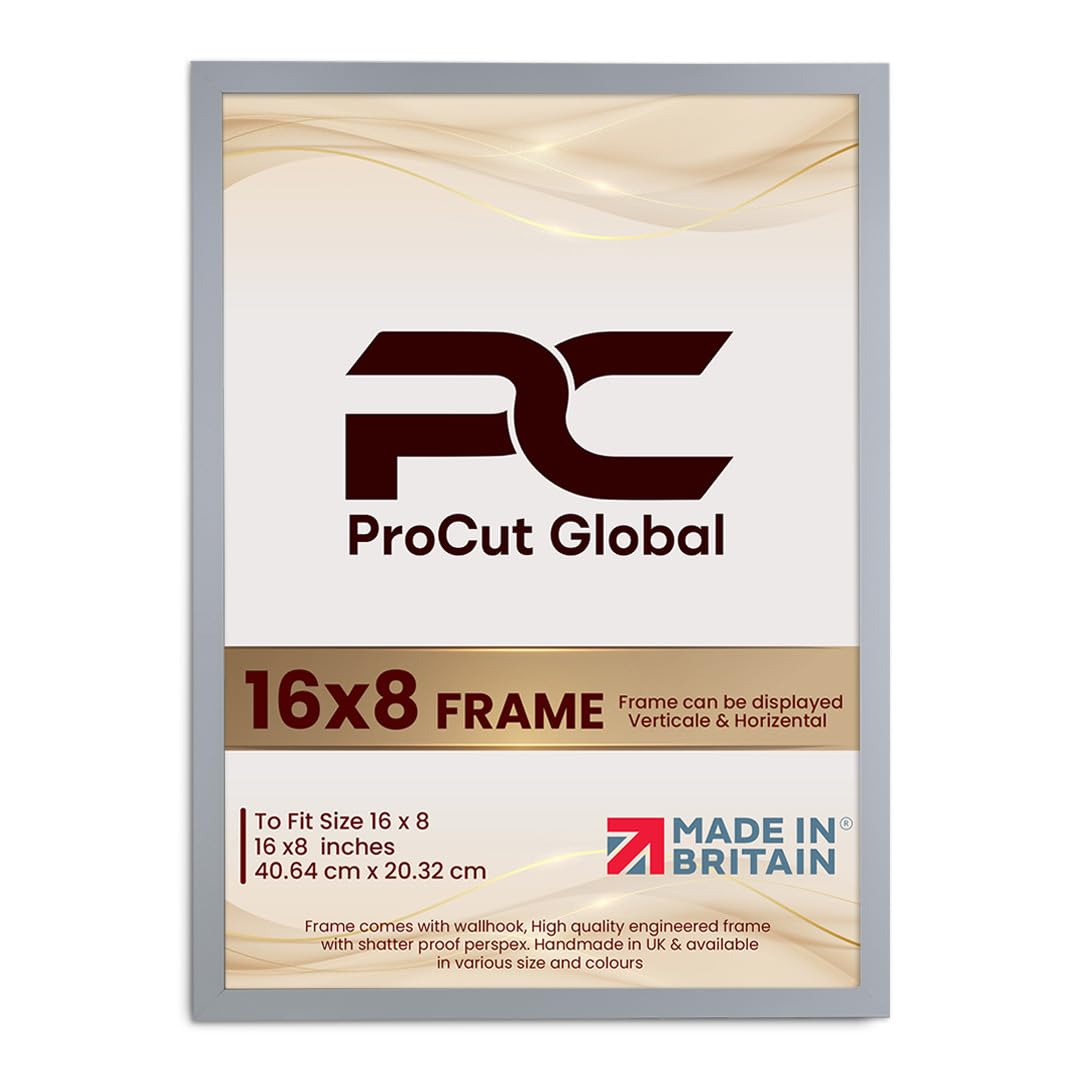 Procut Global 16X8 Light Grey Picture Frames - Modern Wooden Photo Frame with Shatterproof Perspex for Wall or Tabletop - Perfect for Posters, Certificates, Prints - Sizes & Colors Available