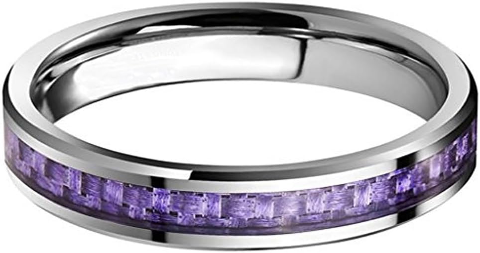 (4mm) Women's Silver and Purple Carbon Inlay Tungsten Carbide Wedding Ring Band. Sleek and Comfort Fit