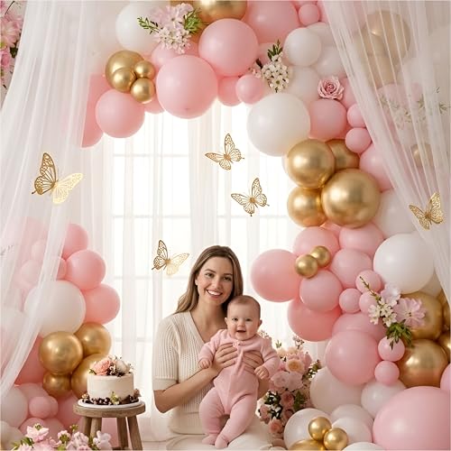 Image of Pink, White and Golden Balloon Garland Kit with Golden 3D Butterfly Decor, 68 Pieces, Perfect for Birthday Decoration, Baby Shower and Party Backdrop