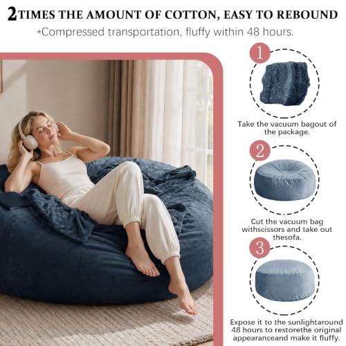 Image of Oversized Bean Bag Chairs for Adults,6FT,Bean Bag Chair with Filler Included,Memory Foam Chair,Removable and Washable Flannel Cover, Suitable for Reading Chairs in Living Room (Blue, 6 Foot)