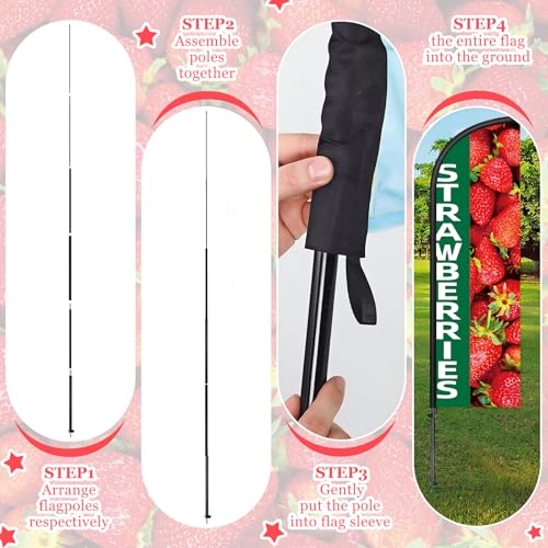 Image of Remagr 2 Pack Strawberries Feather Flag 7 ft Advertising Swooper Flag Sign Windless Strawberries Banner with Pole Kit and Ground Stake for Business Farm Fruit Stand Cart Decor