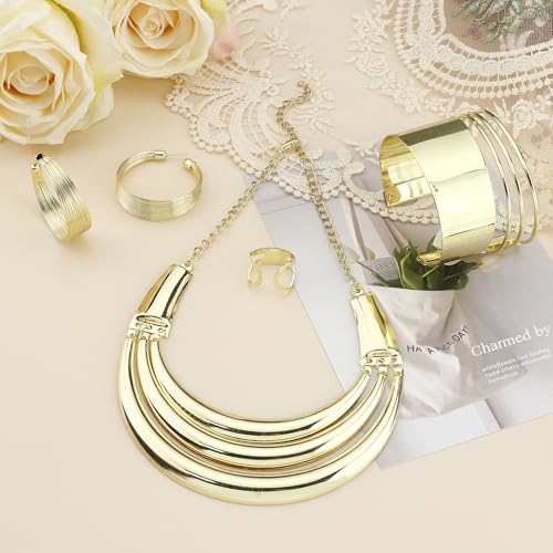 JOERICA Bib Choker Necklace Silver Gold Jewelry Set Wide Cuff Bangle Bracelet Open Hoop Earrings Adjustable Ring Chunky Silver Gold Statement Costume Jewelry Set for Women4