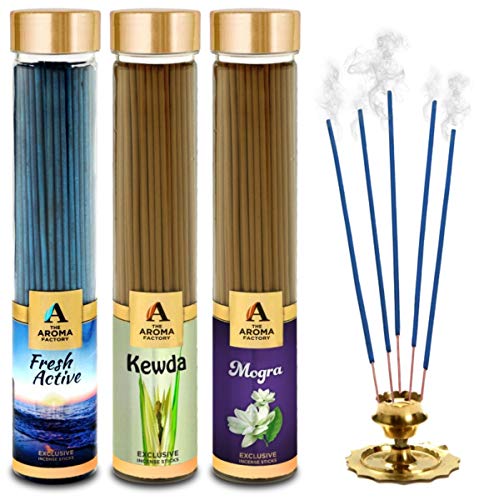 Image of The Aroma Factory Fresh Active,Kewda & Mogra Agarbatti for Pooja,Luxury Incense Sticks,100% Herbal Fragrance Agarbathi, 0% Surphates (Bottle Pack of 3x100g)
