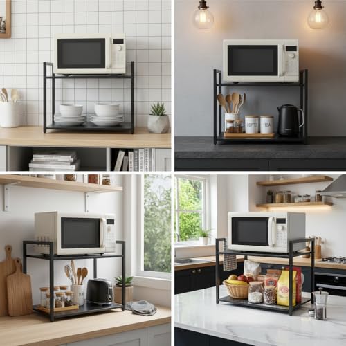 Image of RIZIK STORE Metal Adjustable Microwave Oven Stand for Kitchen Platform | 2-Tier Microwave & OTG Oven Stand with 8 Hooks | Heavy Duty Organizer Rack | Powder Coated (Textured Black)