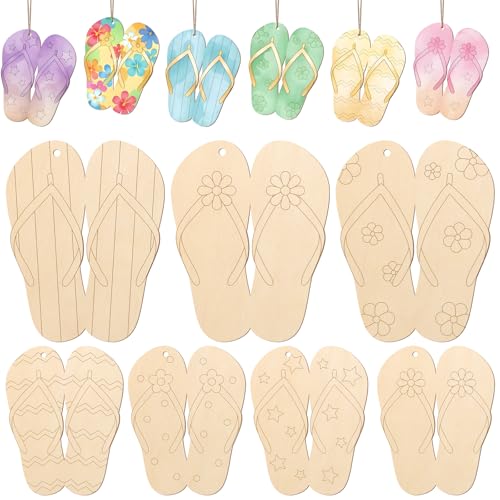 COCHIE Summer Slippers Wood Crafts to Paint Set of 24 Slipper Unfinished Wooden Craft for Painting DIY Paintable Beach Slippers Cutouts Slices for Craft with Ropes (Summer)