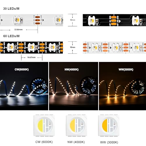 Image of DC5V SK6812 (Similar WS2812B) RGBW RGB+Cold White LED Strip Light 60leds /Pixels /m Individually Addressable 4Color in 1LED(16.4ft(5m) 300leds, IP65) (No Adapter or Controller)