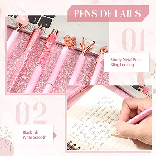 Image of Janmini Metal Crystal Glitter Ballpoint Pen Set 9 Pcs Black Ink Cute Cute Things Novelty Gifts for Women Girls Birthday Home Office (Pink)