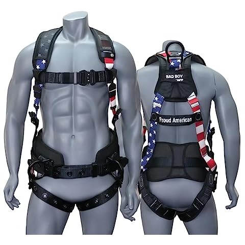 AFP Fall Protection Full-Body Premium American Flag Safety Harness, Vented & Padded Shoulder, Legs & Back, 8” Thick Back Support Belt, Aluminum D-Rings, Tongue Buckle, Quick Release (OSHA/ANSI PPE) Cover