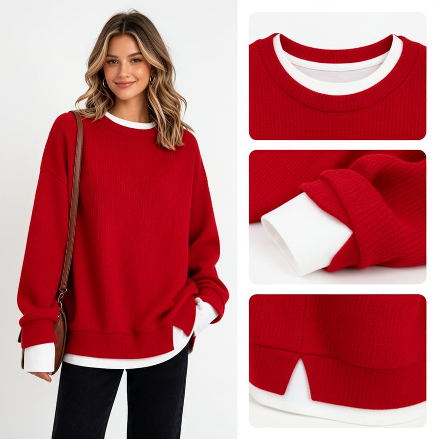 Womens Fall Sweater Crewneck Long Sleeve Layered Look Pullover Oversized - image 5