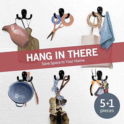 Jack N’ Drill 5 + 1 Pack Double Coat Hooks In Black Finish, Easy To Install, Stronger & More Durable For Heavy Items, Wall Mount Hook For Hanging Towels, Coats, Hats, Heavy Bags, And More #TOP2