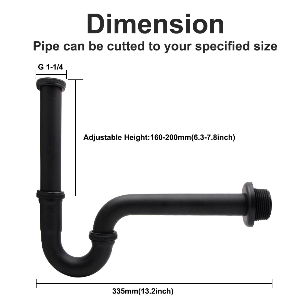 ZM Tubo P-trap de acero inoxidable de 1-1/4 pulgadas, kit de drenaje de residuos de fregadero de altura ajustable, negro mate