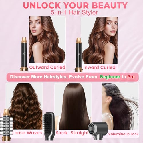 Image of 5 in 1 Hot Air Styler, Hair Dryer Brush with Auto Wrap Curlers, 3 Heat Settings, Fast Drying & Volumizing - Includes Curling Barrels & Straightening Comb (Charcoal)