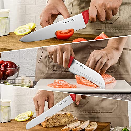 Knife Set 15-Piece Kitchen Knife Set with Sharpener Wooden Block and Serrated Steak Knives,Emojoy Germany High Carbon Stainless Steel Knife Block Set,Red - Thumbnail 4