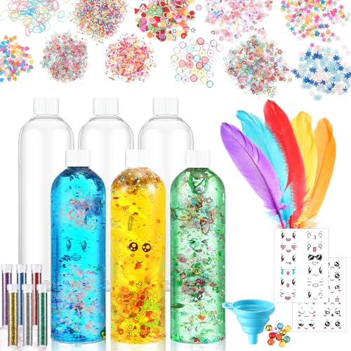 Baderke 6 Pcs Sensory Bottles 13.5oz Plastic Clear Containers Calm Down Sensory Bottles Include Funnel, Glitters, Stickers, Glitter Powder, Feathers, Small Color Balls for DIY Art Fun Crafts Supply