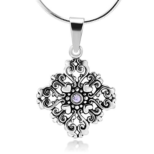 Sterling Silver Amethyst Swarovski Crystal Filigree Heart Love Mandala Pendant Necklace 18''