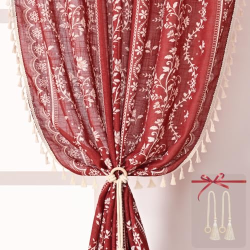 Image of Yinhua Boho Curtains for Living Room 84 Inch Length Vintage Linen Red Curtains for Bedroom Light Filtering Floral Window Curtain Rod Pocket & Back Tabs Farmhouse Rustic Tassel Drapes with Tiebacks