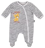 Der Strampler besteht aus grau gestreiftem Single Jersey