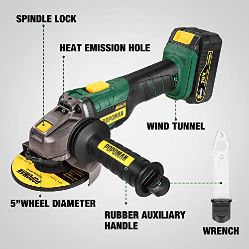Brushless Cordless Angle Grinder 20V MAX, POPOMAN Cut-off Tool/Grinder with 4.0Ah Lithium-ion Battery, Max 10000RPM, 5pcs 5'' Max Grinding Wheel, 3-Position Auxiliary Handle, Fast charger