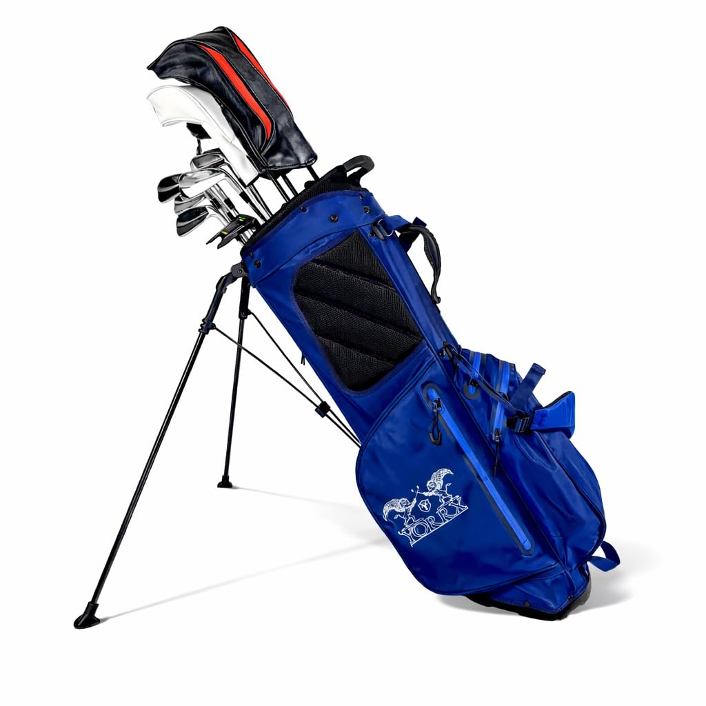 Sac de golf sur pied - Imperméable - Léger (2,4 kg) - 9 compartiments pour raquettes - Support pour téléphone portable - Compartiment isotherme - Bleu foncé - Unisexe