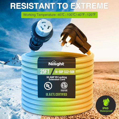 Image of Nilight 25FT 50 Amp RV Locking Extension Cord 250V Heavy Duty 6 /3+8 /1 Gauge Pure Copper STW Wire UL ETL Listed 4 Prong 14-50P SS2-50R Weatherproof Suit for Camper Caravan Trailer Bright Green