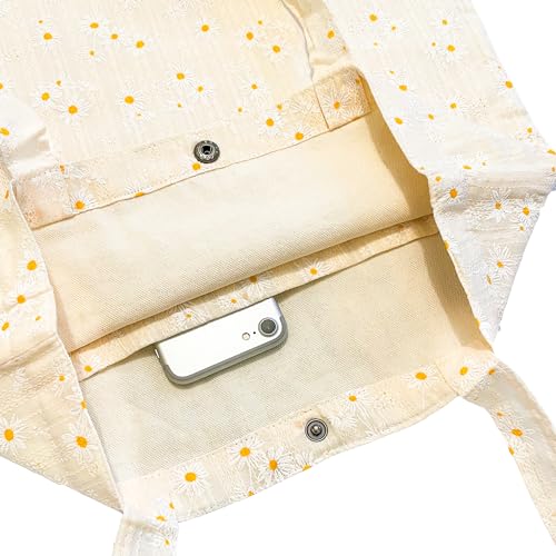 Image of Women's Floral Embroidered Tote Bag with Pocket flowers embroidery crossbody shoulder bag beach cute handbag canvas