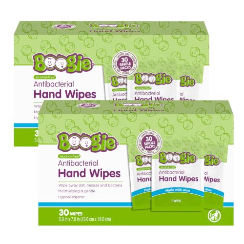 Image of Boogie Antibacterial Hand Wipes - 60 Count - Hypoallergenic & Alcohol-Free - Individually Wrapped - Travel and Diaper Bag Essential