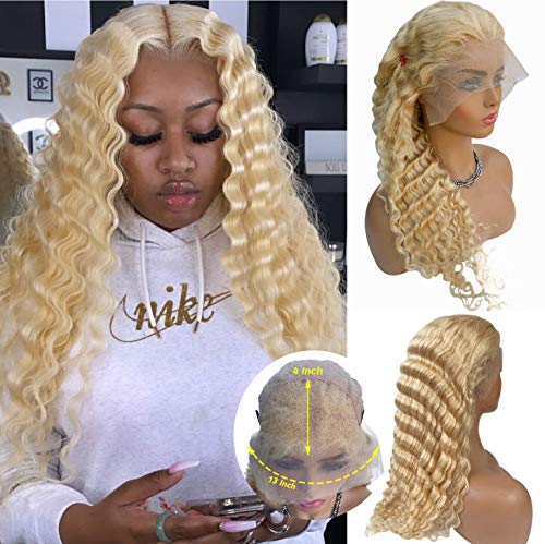 Blonde Curly Human Hair Wigs Brazilian 13x4 Lace Front Wig Pre Plucked Hairline With Baby Hair Glueless 613 Deep Wave Wig 12 Inch Full Head 150% Density Soft Bouncy Curls Wigs Can Be Restyle