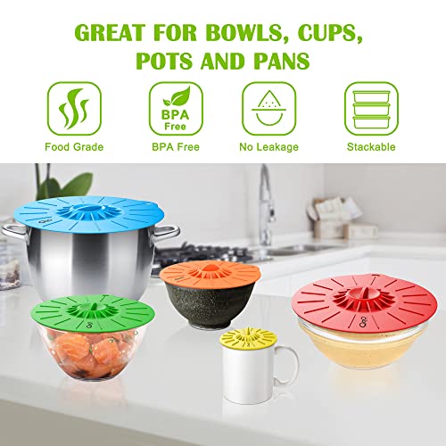 Silicone Food Lids - Set Of 5 Colorful Bpa Free Suction Covers - Heat Resistant Microwave Lids For Bowls, Cups, Pots And Pans - Stovetop, Oven, Fridge And Freezer Safe. #TOP3