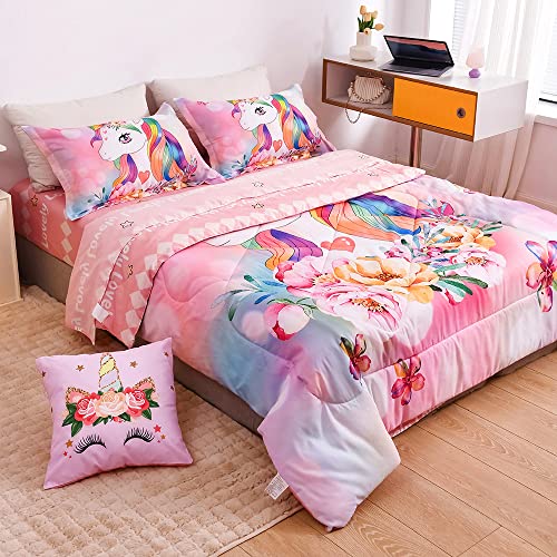 Qjmiaofang Unicorn Comforter Set 6Pieces Pink Unicorn Bedding Set With Pink Sheets For Kids Girls Twin Size Flowers And Rainbow Hair Pattern Bed Set Lovely Unicorn Bed-In-A-Bag For Home Decor #TOP4