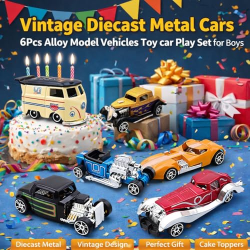 Image of PLUSPOINT Vintage Diecast Metal Cars 6Pcs Alloy Model Vehicles Toy Car Play Set for Boys Die-Cast Toy Vehicle Racing for Kids Birthday Decorations Gift and Model Collectors, Cake Toppers