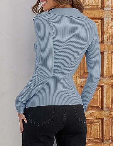 Image of ZESICA Fall Sweaters for Women 2026 Long Sleeve V Neck Ribbed Knit Pullover Tops Casual Slim Fit Basic Tee Shirts