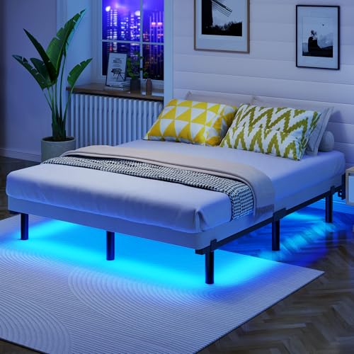 Awesofurni Queen Bed Frame with Smart LED Lights, 7 Inch Basics Metal Bed Frame, Heavy Duty 9-Leg Base for Box Spring and Mattress, Noise-Free, Easy Assembly, Black