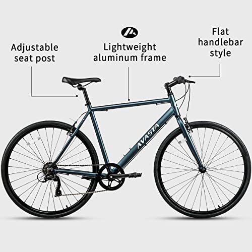 AVASTA Road Hybrid Bike for Men, Lightweight Step Over 700c Aluminum Alloy Frame City Commuter Comfort Bicycle, 7-Speed Drivetrain, Mattle Steel Blue