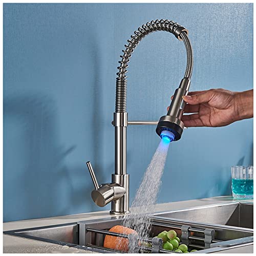 Robinet d'évier de cuisine à LED anti-brûlure avec douchette flexible