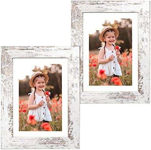 Capcillin 5x7 Picture Frame Wood Patten Distressed White Set of 2, Each Frame with Mat,Display 5x7 Picture Without mat or 4x6 Photos with Mat Wall Decor Table Top(CP001-MD5x7RW)