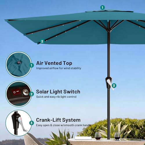 Image of AreShark 8' X 10' Rectangular Patio Umbrella with Solar Lights, Lighted Solar Umbrella with Crank, Outdoor Table Umbrella for Garden, Deck, Backyard, Pool and Beach, Lake Blue