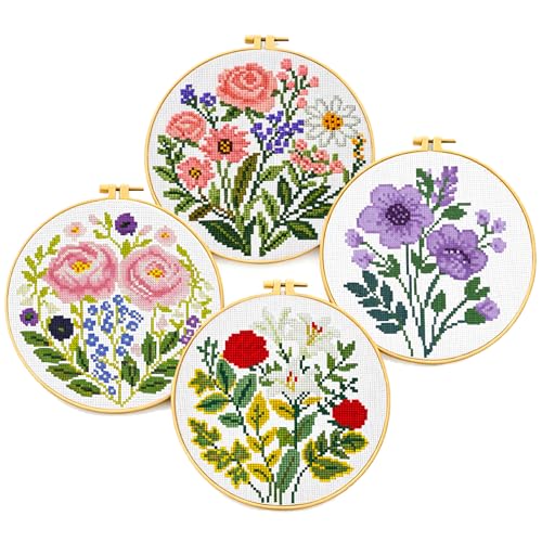 Image of Zhenqing 4-Piece Floral Cross Stitch Kit for Beginners - 11CT 24x24cm Christmas Embroidery Set with Pre-Printed Fabric, Hoop, Threads & Tools(70526)