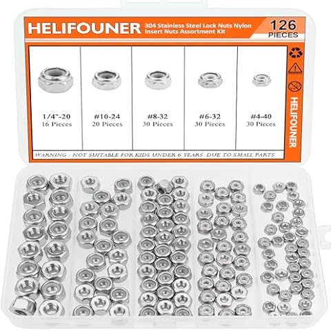 #4-40#6-32#8-32#10-24 1/4"-20 Lock Nuts, HELIFOUNER 126 Pieces 5 Sizes Nylon Insert Hex Lock Nuts Assortment Kit, 304 Stainless Steel (18-8) Locknuts, Coarse Thread Cover
