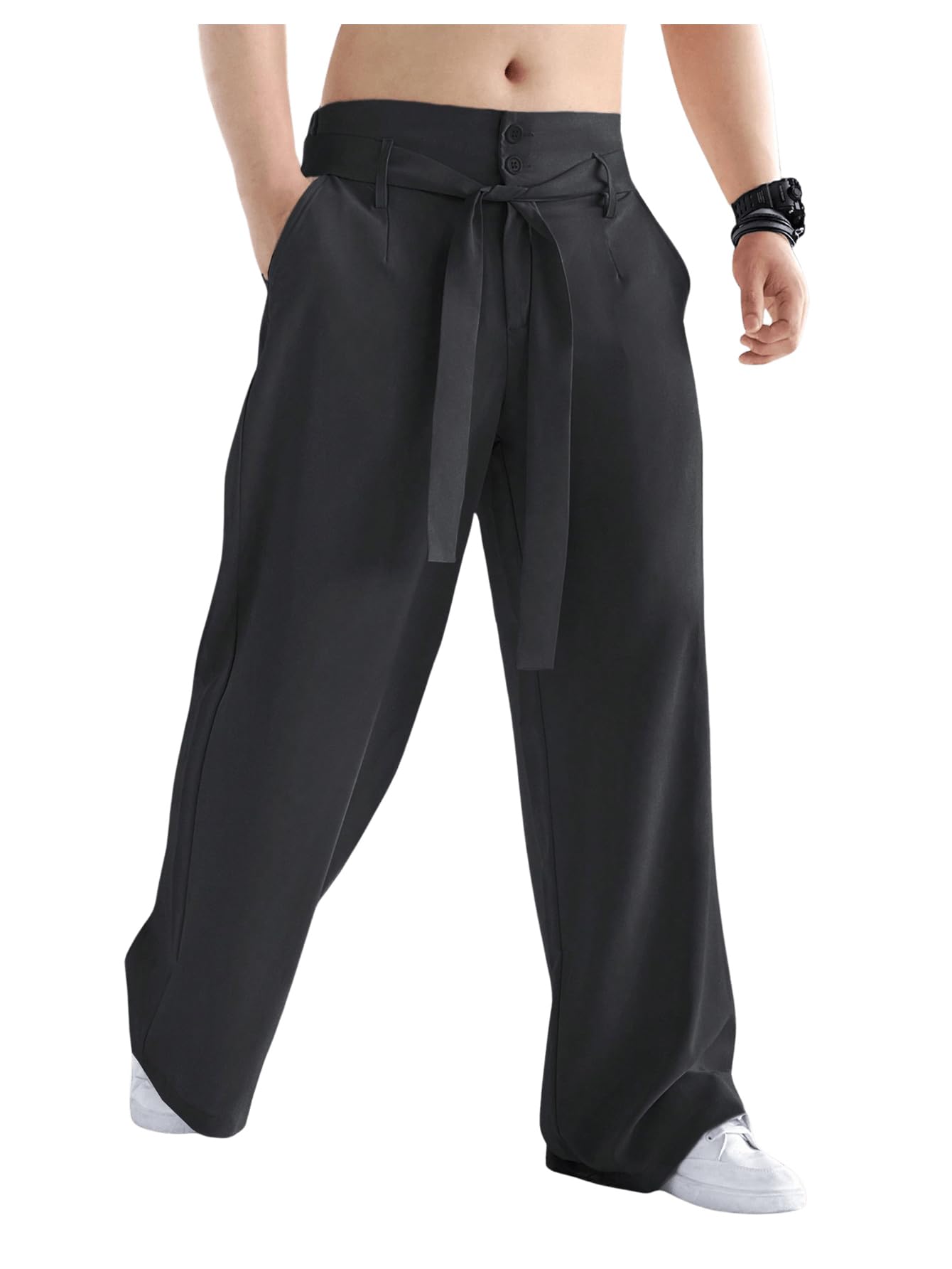 GORGLITTER Men's Casual Wide Leg Pleated Dress Pants Elastic High