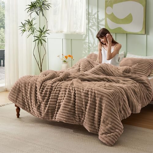 Image of Bedsure King Fluffy Comforter Set - GentleSoft 3 Pieces Luxury Fleece Warm Taupe Bedding, Cozy Room Decor Aesthetic, 1 King Bed Comforter (104 inchx90 inch) and 2 Pillowcases (20 inchx36 inch)
