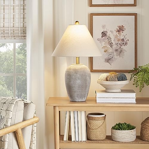 Image of Nourison Home 23 inch Rustic Brown (Gray Undertones) Ceramic Pot Table Lamp for Bedroom, Living Room, Dining, Home Office, Entryway
