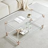 Saint Mossi Glass Coffee Table Living Room, Modern Double Layer Glass Living Table for Living Space, L41 x W21 x H16, Clear Glass Top, Clear Acrylic Leg & Rose Gold Frame