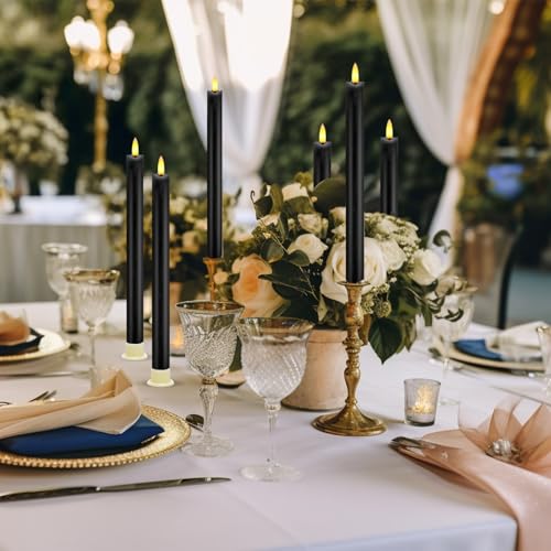Image of LED Flameless Taper Candles with Two Remote Timer Battery Operate, Pack of 6, 3D Flickering Warm Real Wax Candles, Wedding Dinner Holiday Decor Candles, (D 0.86 inch * H 9.6 inch)-Black