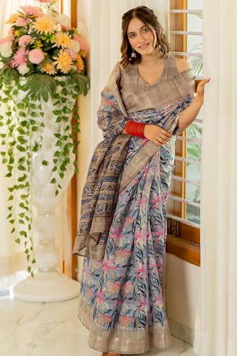 Image of MIRCHI FASHION Women Saree Cotton Blend Kalamkari Printed | Comfortable Office and Regular Daily Use Sari with Unstitched Blouse Piece
