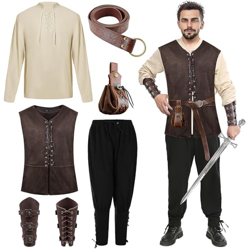 SWHCM Mittelalter Kleidung Herren Set Renaissance Kostüm Herren Mittelalter Kleidung Männer Viking Kostüm Halloween Fasching mit Weste Hemd Hose Gürtel Armband Beutel (XL)
